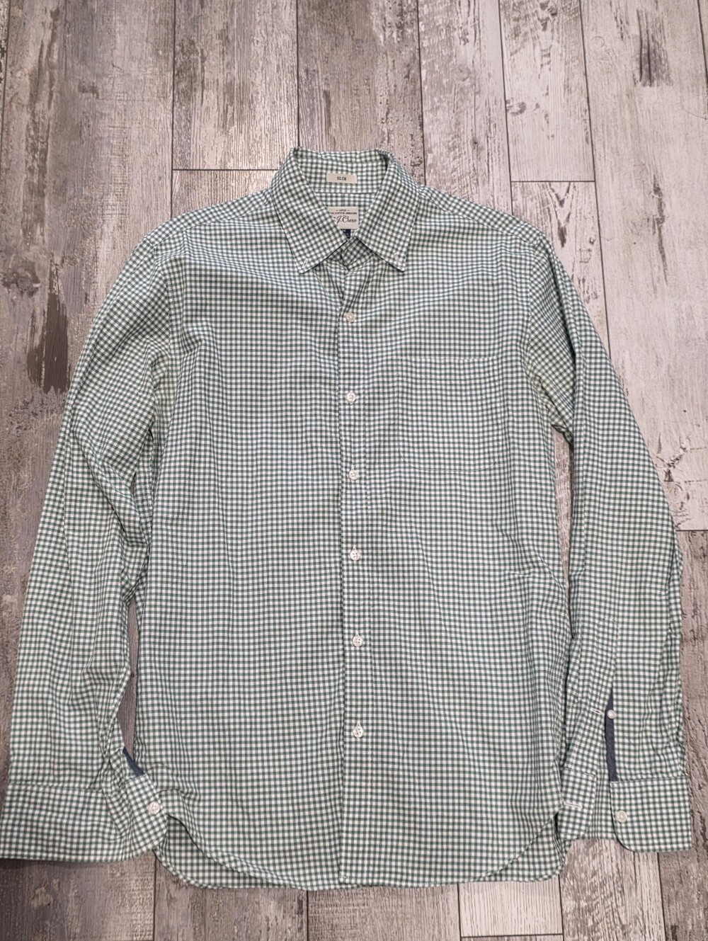 (M) Men's J. Crew Casual Button-Down Shirt Checkered Green Cotton Slim Medium